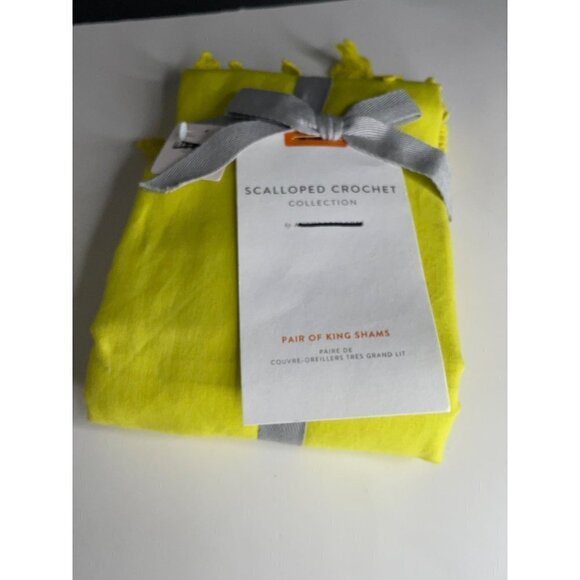 Anthropologie Lime Yellow Scalloped Crochet Pair King Shams Linen Cotton - Picture 5 of 6